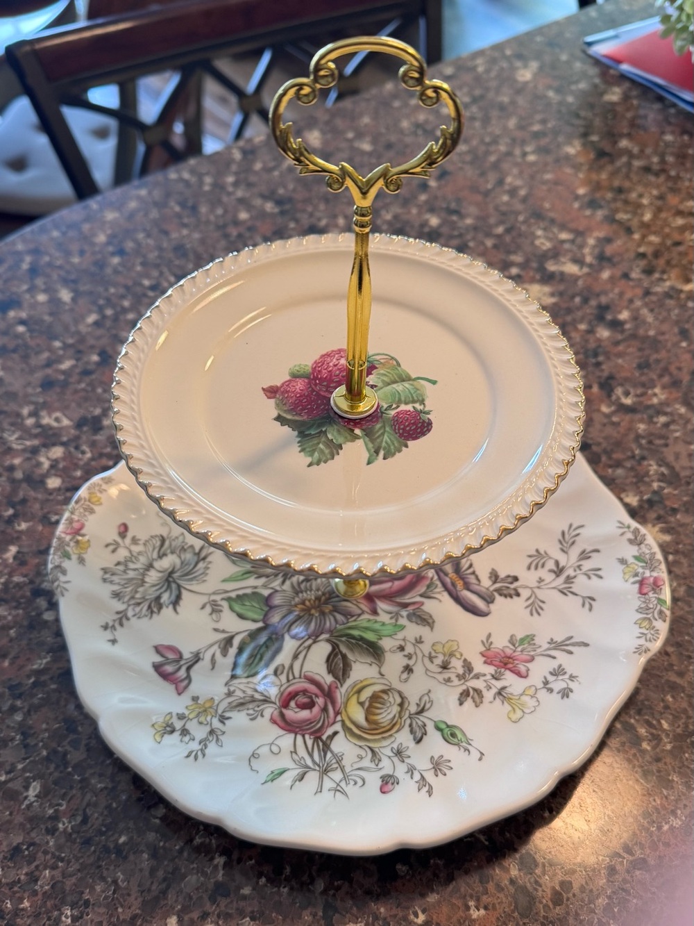 Vintage Two-Tier Floral Porcelain Serving Stand in White and Gold
